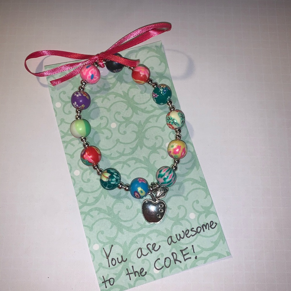 Handmade Apple Charm Clay Beaded Stretch Bracelet